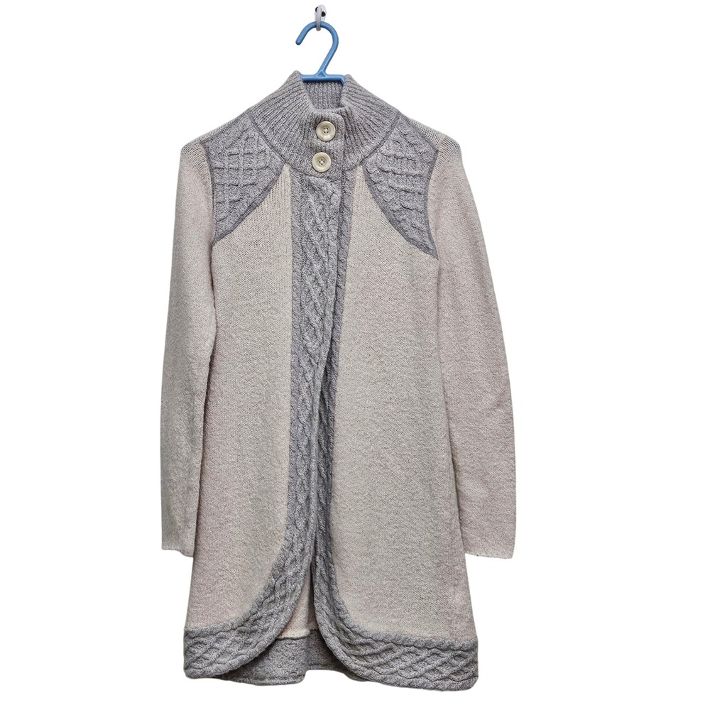 prAna Cardigan Sweater XS Cream Grey Cable Knit Mock Neck Longline Boho Winter